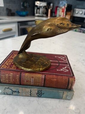 Vintage Heavy Solid Brass Double Dolphin Sculpture MCM Coastal Decor